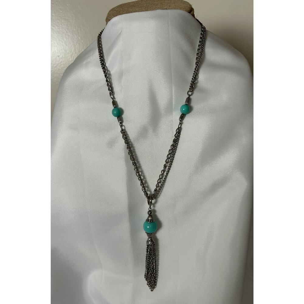Lovely Silver Tone Beaded With Tassel Necklace . Measures 23”